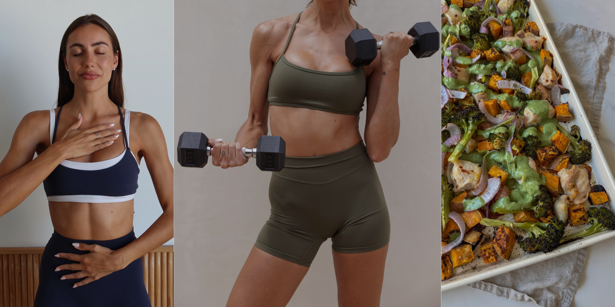 Three images: a woman in athletic wear, a woman lifting weights, and a plate of salad.