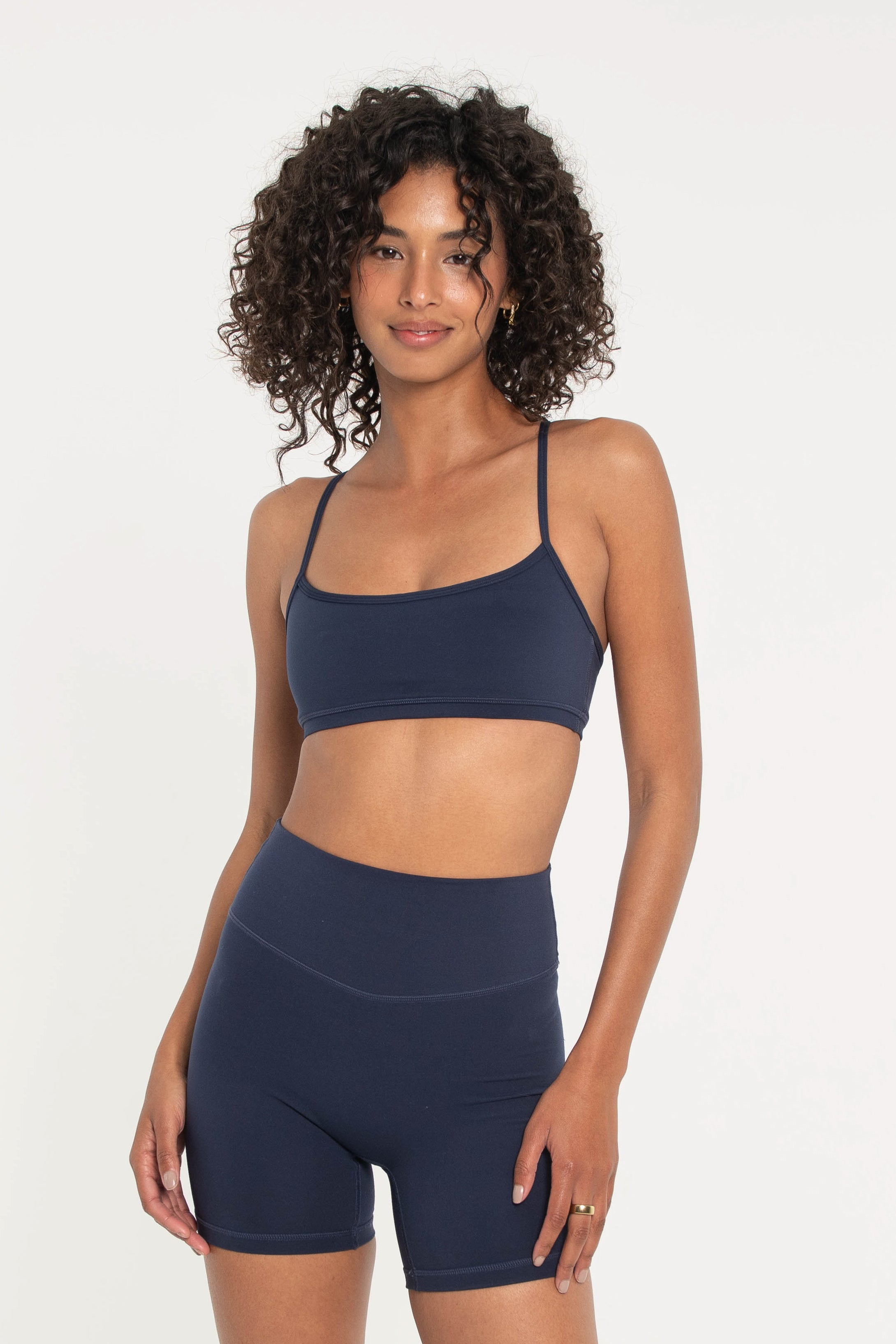 navy sports bra with Y back and marching biker shorts
