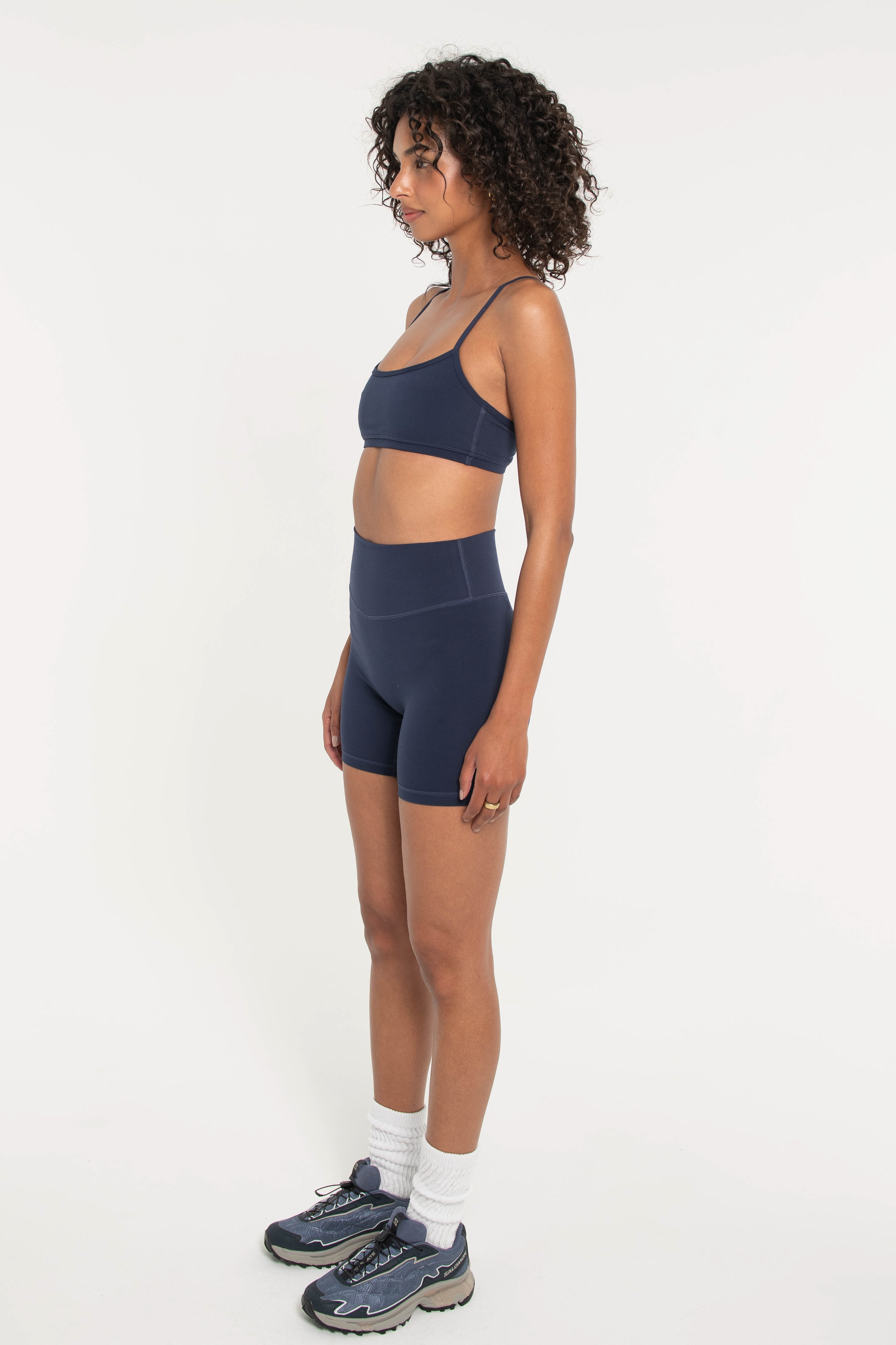 navy sports bra with Y back and matching biker shorts
